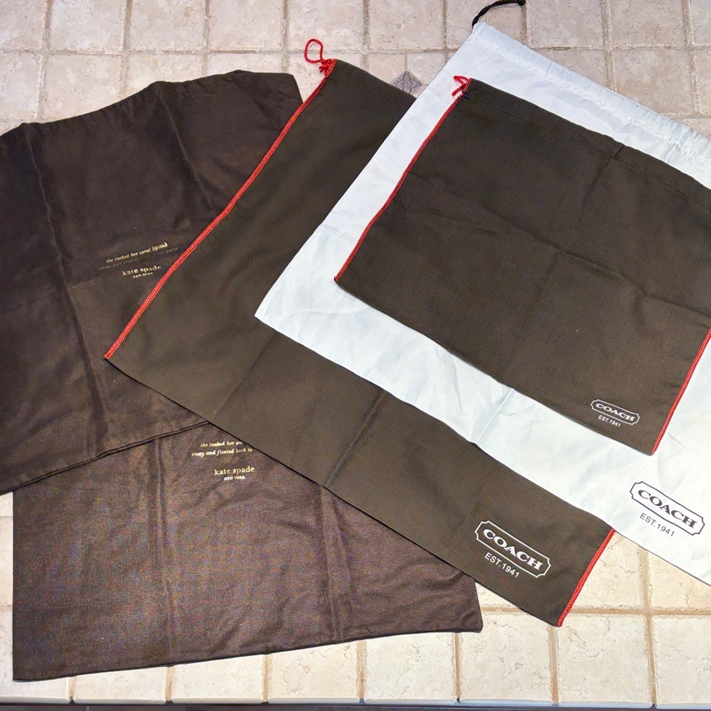 Coach and Kate Spade Brown and White Dust Bags Collection. Set of 5.